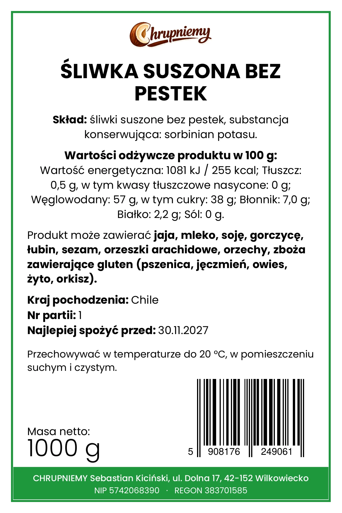 Etykieta śliwki suszone bez pestek 1 kg – pełny skład i wartości odżywcze