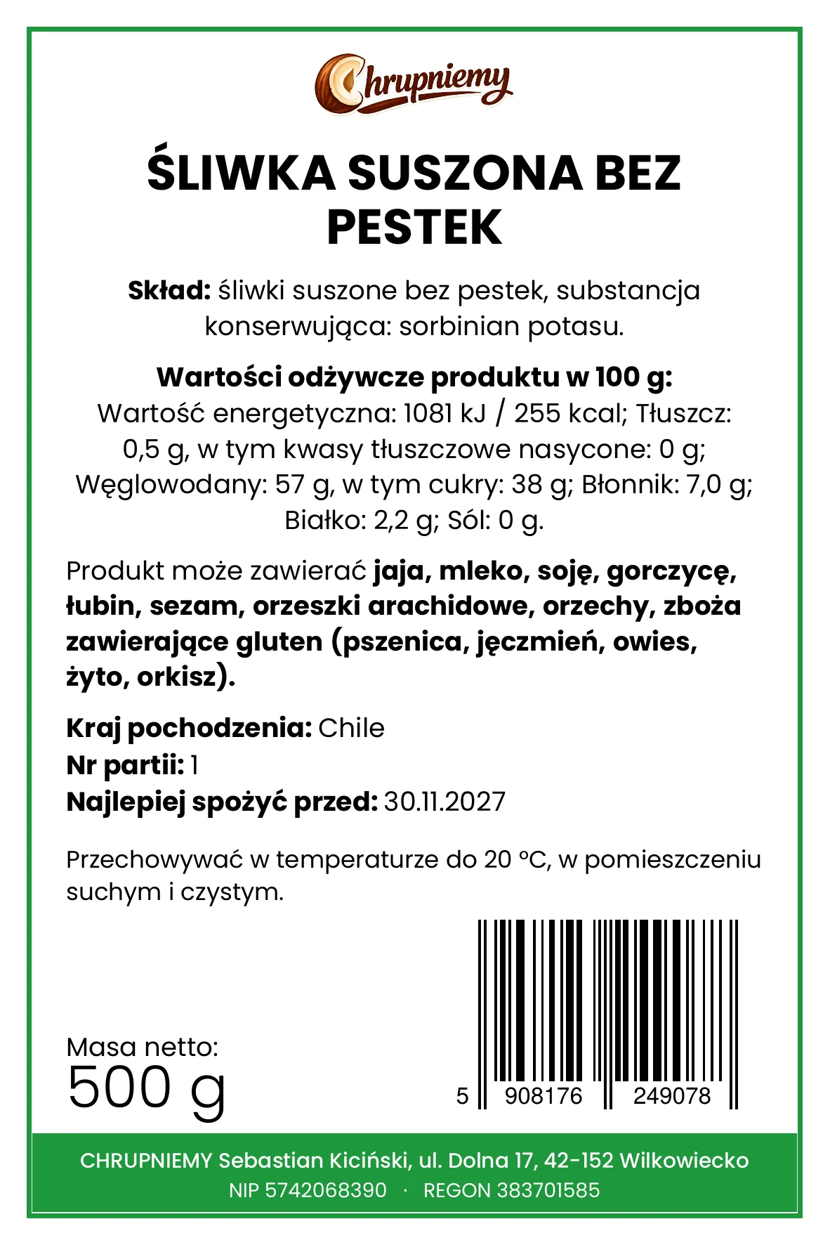 Etykieta śliwki suszone bez pestek 500 g – pełny skład i wartości odżywcze