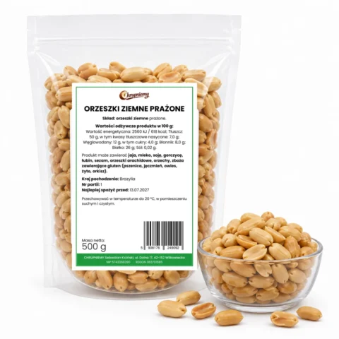 Orzeszki ziemne prażone bez soli 500 g w worku strunowym – Chrupniemy