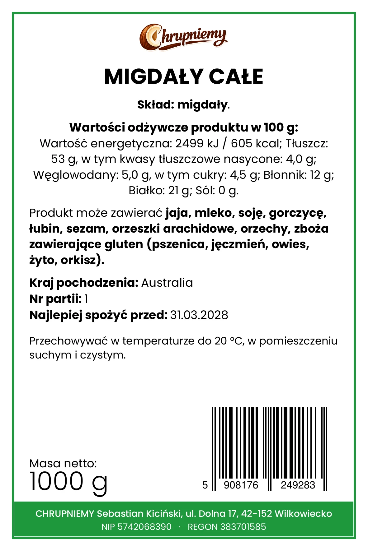 Etykieta migdały całe surowe 1 kg – pełny skład i wartości odżywcze