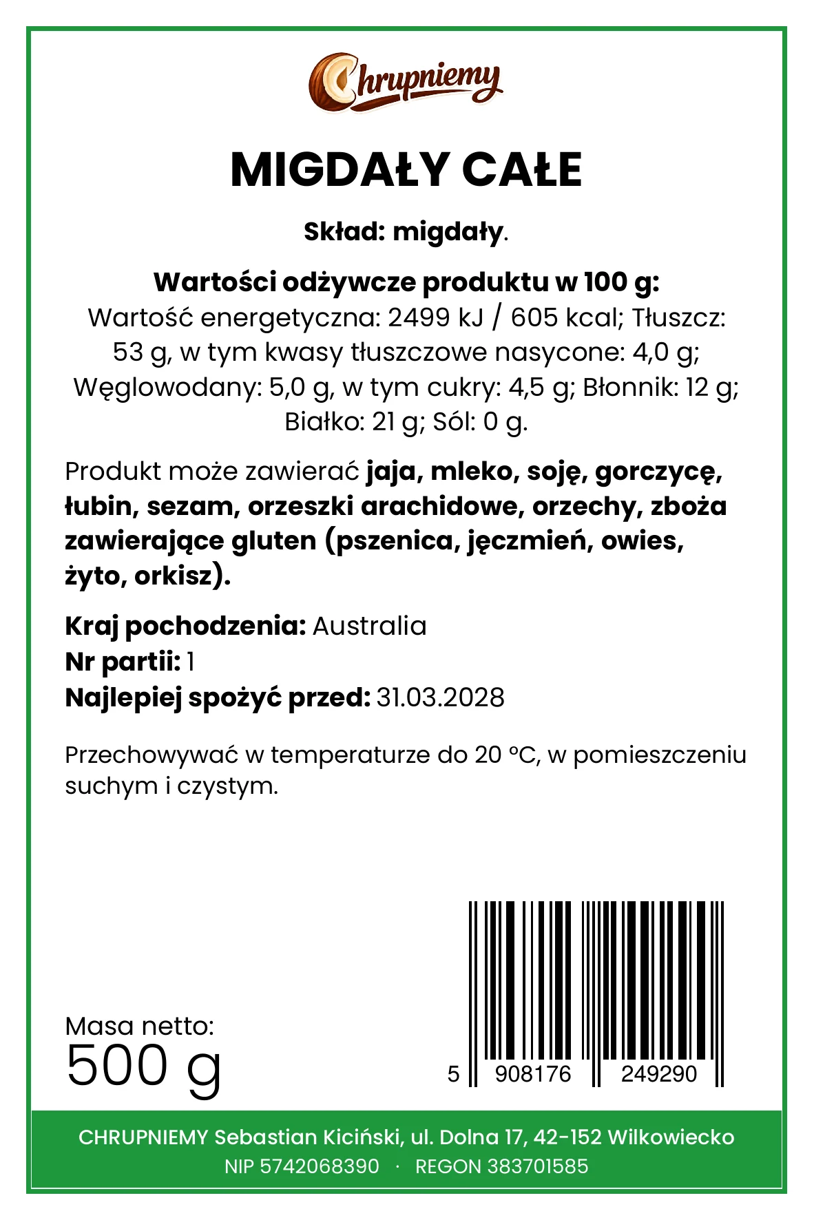 Etykieta migdały całe surowe 500 g – pełny skład i wartości odżywcze