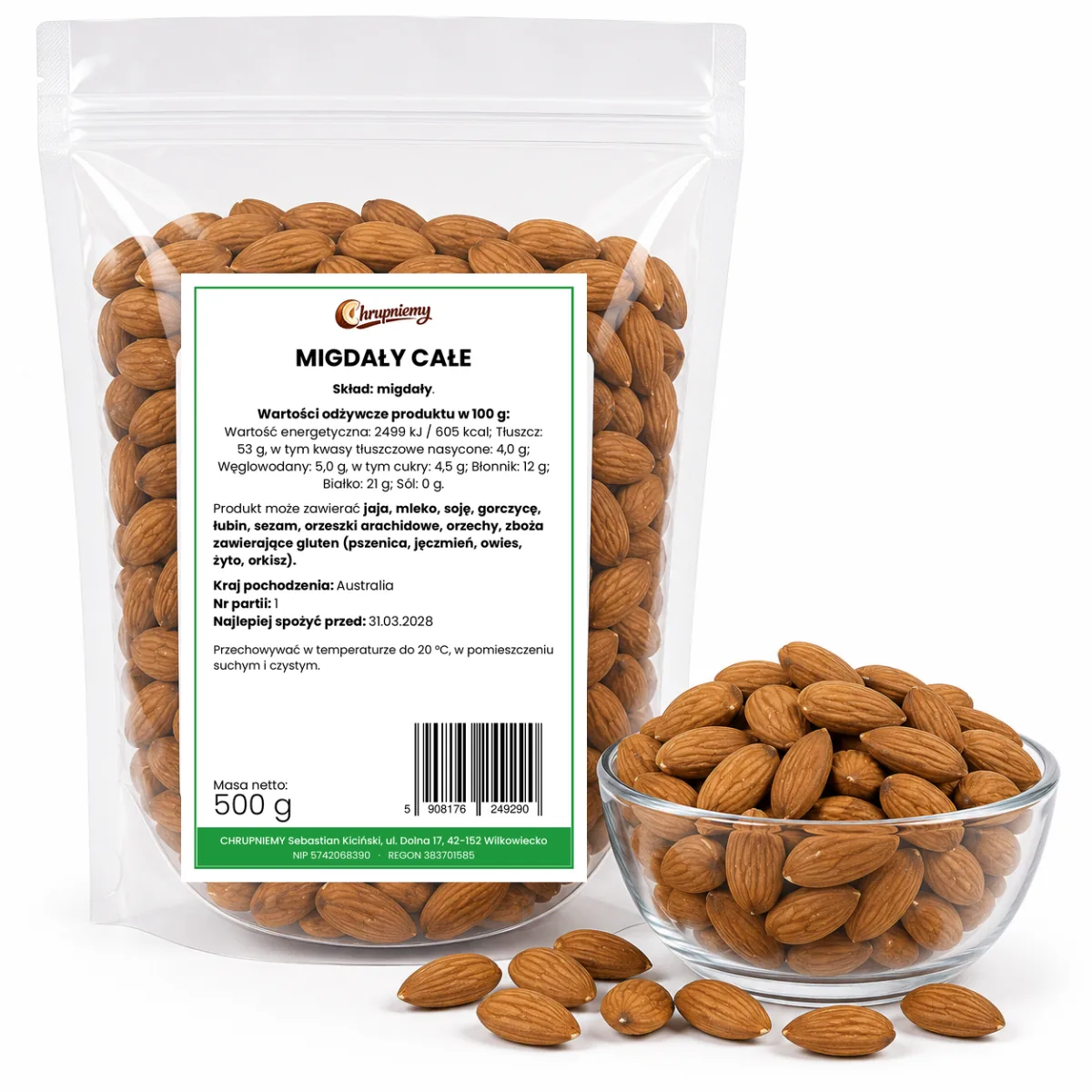 Migdały całe surowe 500 g w worku strunowym – Chrupniemy