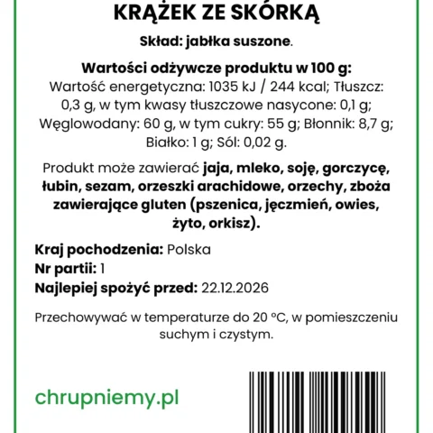 Jabłko suszone, krążki ze skórką - opakowanie